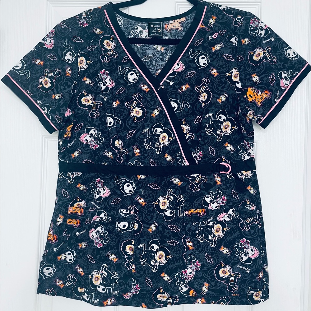 Tokidoki Black with Pink Trim Graphic Short Sleeve Scrub Top - Size M